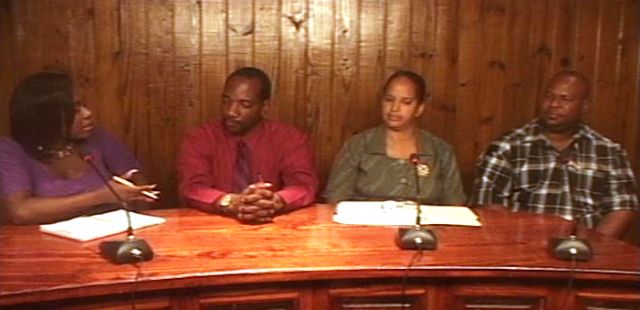 (l-r) Jáedee Caines of the Department of Information interviews Schools’ representative and Principal of the Charlestown Primary School Mr. Kevin Barrett, Ministry of Education representative Mrs. Carla Liburd and Music Tutor attached to the Gingerland Secondary School Mr. Rohan Claxton